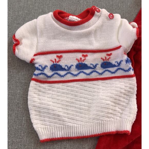 Vintage Baby Boy Outfit 0-6mo Nautical Sweater Overalls Whales 80's Red Acrylic - Picture 3 of 10